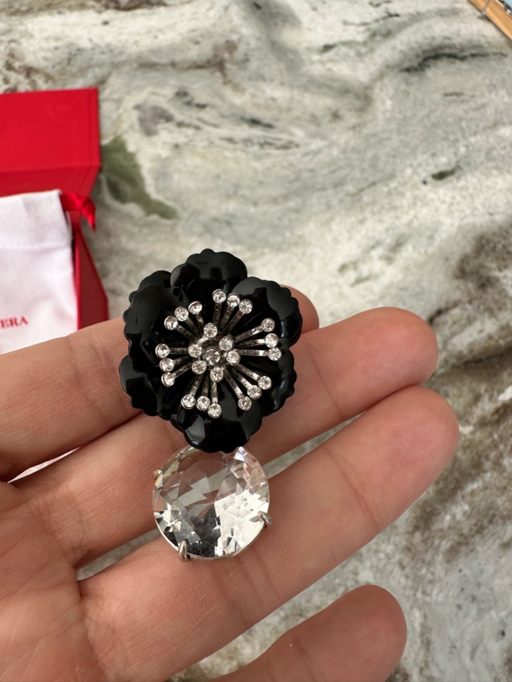 NWT Authentic Carolina Herrera Black Flower Earrings with Clear Crystal Drop